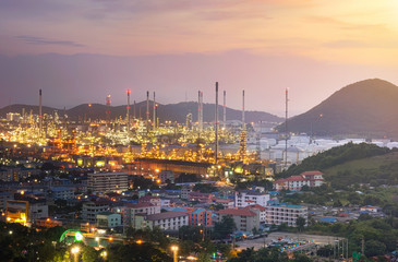  day to night Oil Refinery factory at twilight , petrochemical plant , Petroleum , Chemical Industry