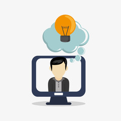 flat design computer monitor with lightbulb inside conversation or thought bubble coming out of man avatar  office and telecommunication icons vector illustration 