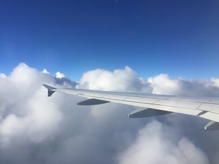 Fototapeta na wymiar aircraft wing, blue sky and white clouds