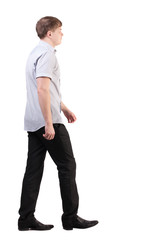 Back view of going  handsome business man in pink shirt  walking young businessman . Rear view people collection.  backside view of person.  Isolated over white background. office worker with a shot