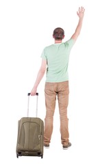 back view of  man  with suitcase. brunette guy waves his hand.  backside view of person.  Rear view people collection. Isolated over white background. guy with the travel bag waving to someone in the