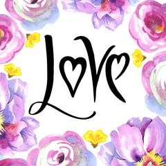 Love handwrite with peony flower in watercolor