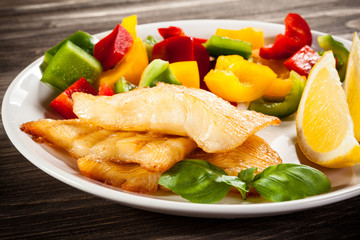 Fish dish - fried halibut and vegetables 