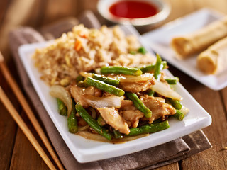 chinese greenbean and chicken stir fry with fried rice