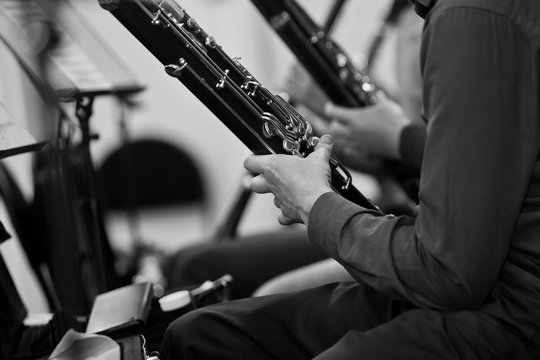 Bassoons in the orchestra closeup in black and white