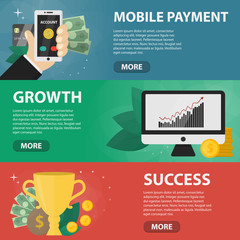 Vector flat horizontal banners of mobile payment, growth and success for websites. Business concept of marketing, economy and finance. Set of isolated business elements in flat design.