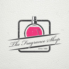 The Fragrance Shop. Exclusive boutique with aromatic oils. Detailed elements. Old retro vintage grunge. Scratched, damaged, dirty effect. Typographic labels, stickers, logos and badges.