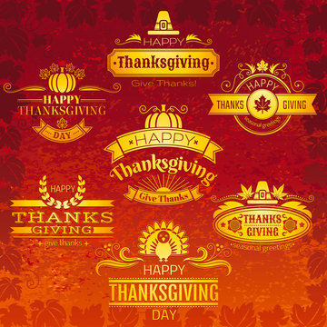 Vector illustration of happy thanksgiving logo icons set. Grunge background with holiday symbols - pumpkin, turkey, maple leaf, sunflower, pilgrim hat, sun, banners and swirls