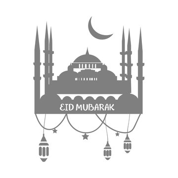 Muslim Community Greetings Card Vector Template With Mosque could be used as Eid Al Adha Mubarak card, icon and any other design template. Eid Mubarak.