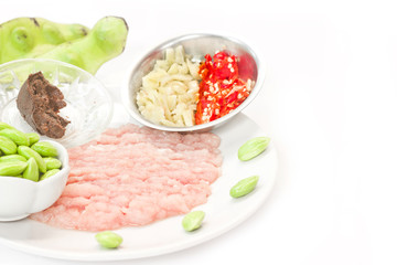 Raw material in the making sato fried pork manu thaifood spicy taste.