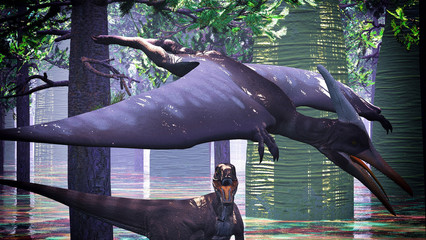 Velociraptor and pterodactyl 3d rendering © satori
