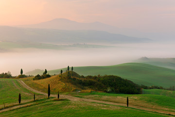 Tuscany Landscape at Sunrise, Morning Fog, Val d’Orcia, Monte Amiata behind, Tuscany, Italy - obrazy, fototapety, plakaty