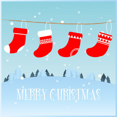 Merry Christmas greeting card with stockings vector illustration