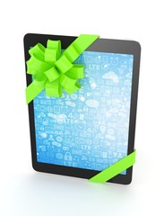 Black tablet with green bow and blue screen. 3D rendering.