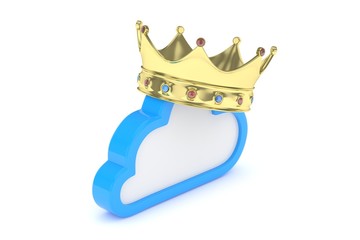 Cloud with golden crown on white background. Model of best network, database, cloud storage. Royal technology. 3D rendering.