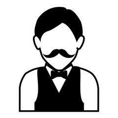 restaurant waiter man with mustache wearing suit with bow tie. vector illustration