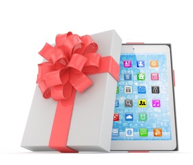 Tablet in white gift box with red bow and ribbons on white. 3D rendering.