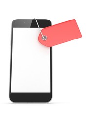 Smart phone with red price tag on white background. Identification, price, label. 3D rendering.