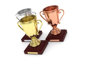 Three cups on white background. 3D rendering.