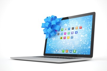 Laptop with blue bow and icons. 3D rendering.