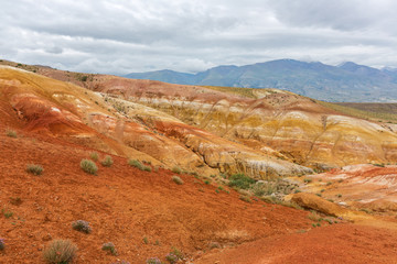 Colorful layers of rocks in the southern part of the Altai mountains. The Altai Republic.