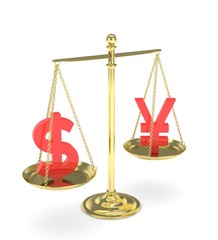 Isolated old fashioned pan scale with dollar and yuan,yen on white background. American and chinese and japanese currency. Currency equality. red money. 3D rendering.