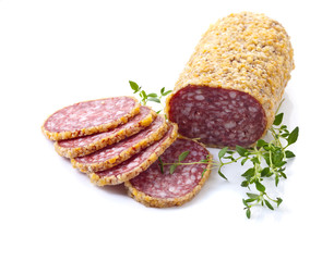 salami with thyme isolated on a white background