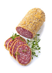 salami with thyme isolated on a white background
