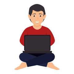 man wearing red shirt and using laptop computer. vector illustration
