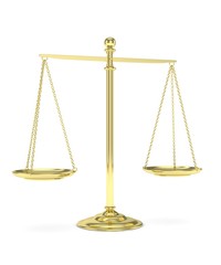 Isolated golden scales on white background. Symbol of judgement. Law, measurement, liberty in one concept. 3D rendering.