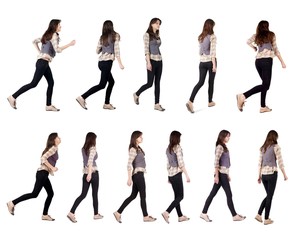 Collection " back view of running woman ". walking girl in motion. Rear view people set.  backside view of person. Isolated over white background.