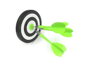 Three arrows darts in center. 3d rendering.