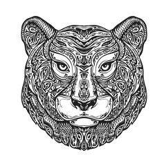 Ethnic ornamented tiger, puma, panther, leopard or jaguar. Hand drawn vector illustration with floral elements