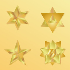 3d golden star set with variations. Vector illustration.Modern style. Elegant symbol of achievements and victories. Symbol for web or print design. Product quality rating isolated on gold background.