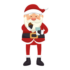 santa claus man eating a cookie and drinking milk. merry christmas season symbol. vector illustration