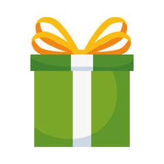 green gift present box with yellow ribbon and white stripe.  vector illustration