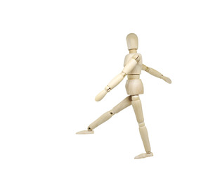 Wooden model pose alongside a separate white background.