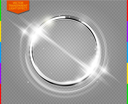Abstract luxury chrome metal ring. Vector light circles and spark light effect. Sparkling glowing round frame on transparent. Sunny and cheerful background. Glow space for your message.