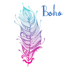 Hand drawn feathers. ink vector illustration. boho style design elements. ethnic creative doodles. isolated on white background