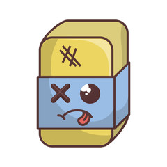 kawaii cartoon eraser with blue label and sick face. stationery school tool. vector illustration