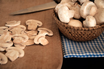 Fresh brown champignon mushrooms on the kitchen