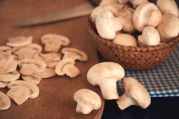 Fresh brown champignon mushrooms on the kitchen