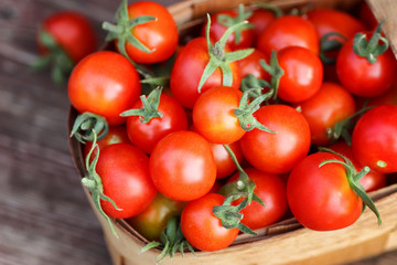 rustic basket of tomato fresh on wood