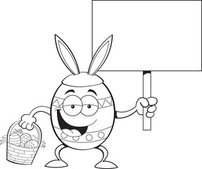 Black and white illustration of an Easter egg wearing rabbit ears and holding a sign.