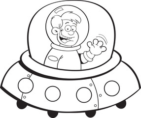 Black and white illustration of a boy flying in a spacecraft.