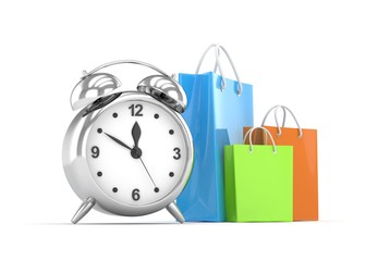 alarm clock and shopping bag (time to buy concept). 3d rendering.