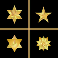 Golden star set. Geometric 3d icon.Modern style. Vector illustration. Elegant symbol of achievements and victories. Symbol for web or print design. Product quality rating isolated on black background.