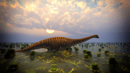 Prehistoric landscape with big diplodoc 3d rendering © satori