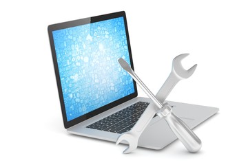 3D Illustration Wrench and screwdriver on laptop, service concept