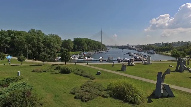Aerial view of Ada Ciganlija, Belgrade.River island on the Sava river. Flight over the coast and marine 